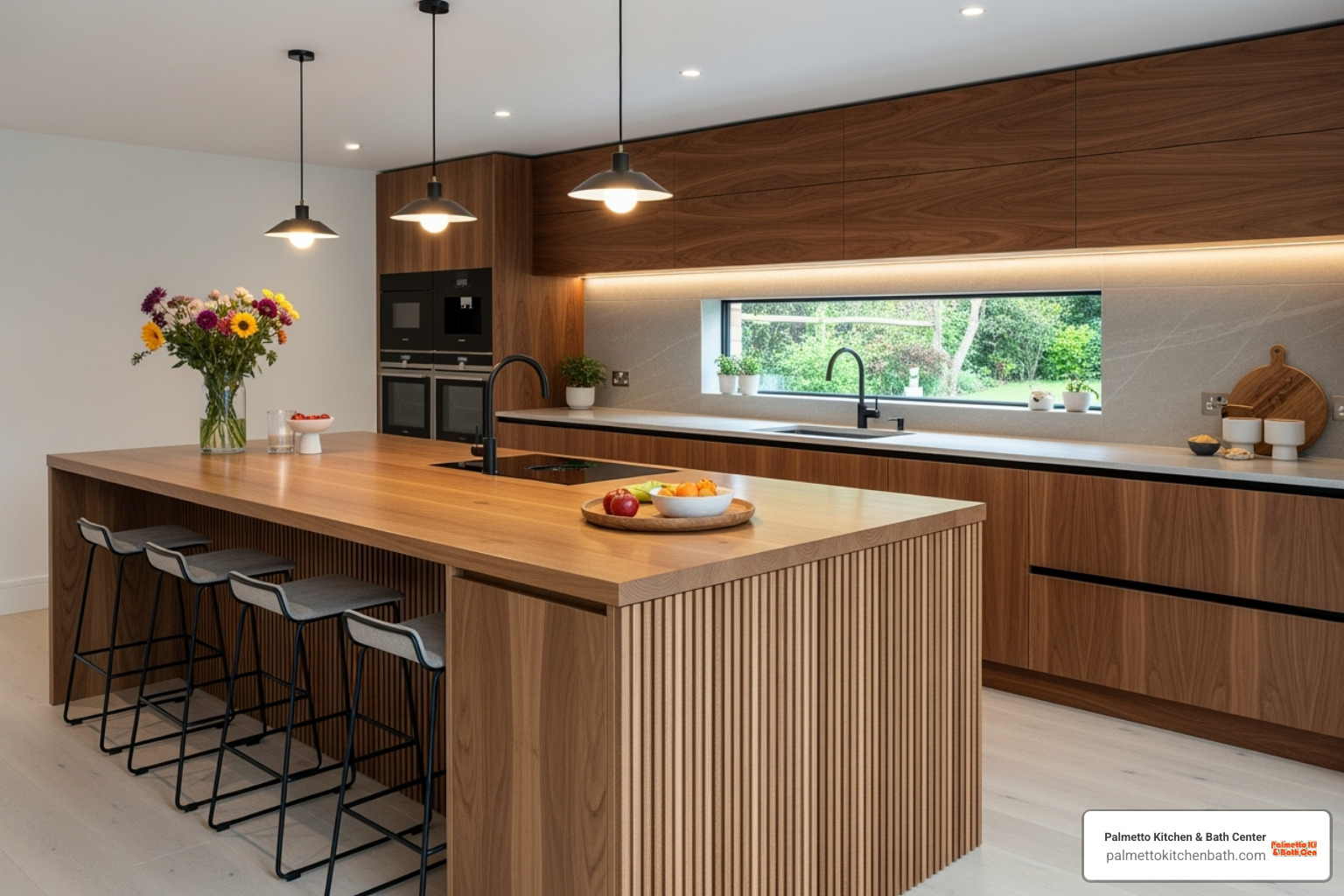 a kitchen with fluted wood island panels and sleek, handle-less upper cabinets - 2025 wood kitchen cabinets