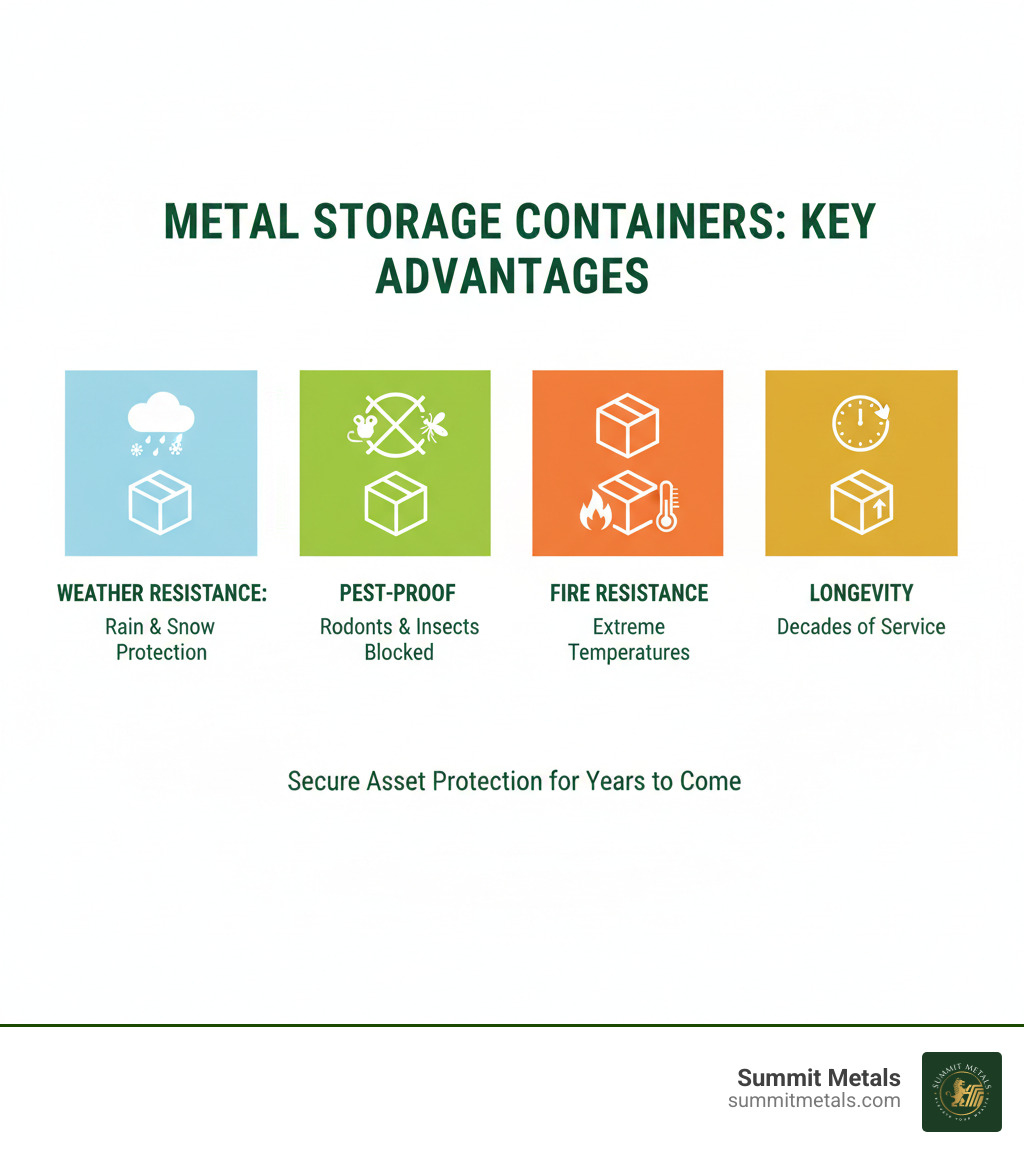 Infographic showing four key advantages of metal storage containers: Weather Resistance with rain and snow protection, Pest-Proof construction blocking rodents and insects, Fire Resistance for extreme temperature protection, and Longevity with decades of reliable service life - metal storage containers infographic  Infographic showing four key advantages of metal storage containers: Weather Resistance with rain and snow protection, Pest-Proof construction blocking rodents and insects, Fire Resistance for extreme temperature protection, and Longevity with decades of reliable service life - metal storage containers infographic