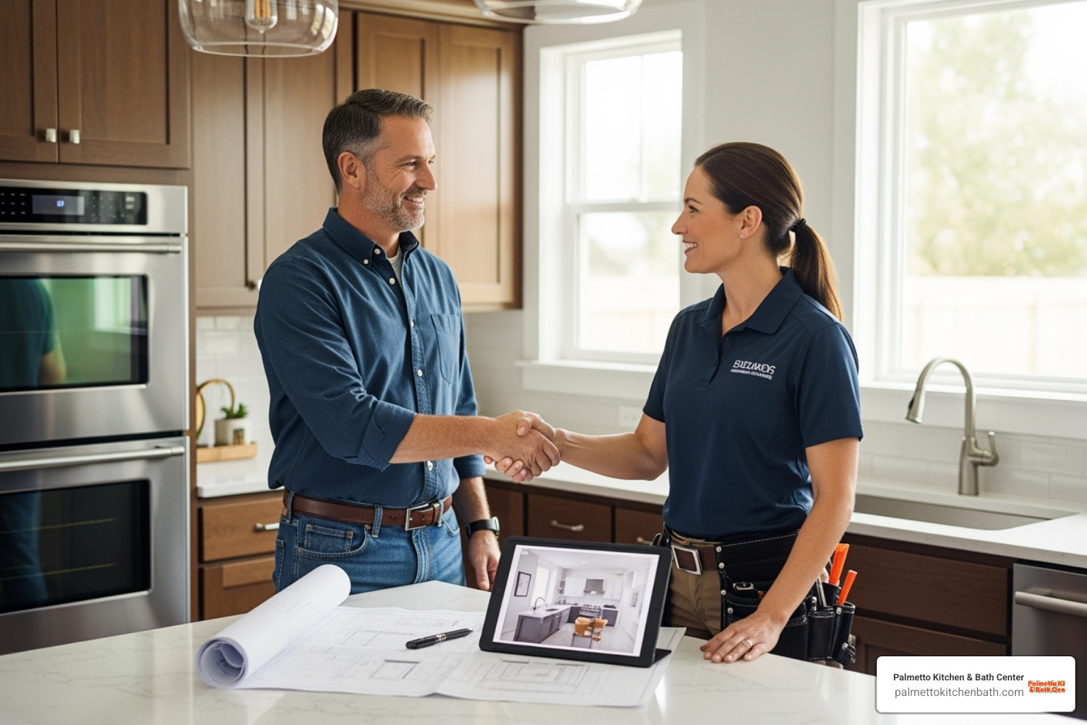 homeowner shaking hands with a contractor in a kitchen - kitchen and bathroom remodeling contractors homeowner shaking hands with a contractor in a kitchen - kitchen and bathroom remodeling contractors
