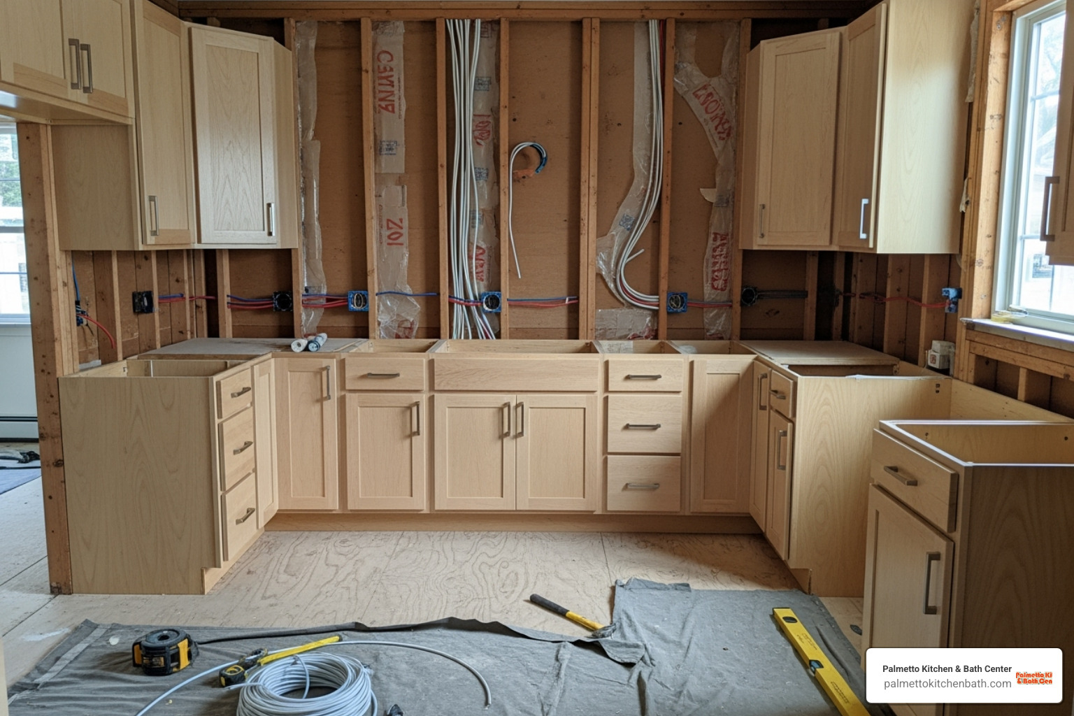 kitchen mid-renovation showing new cabinets and exposed wiring - kitchen and bathroom remodeling contractors kitchen mid-renovation showing new cabinets and exposed wiring - kitchen and bathroom remodeling contractors