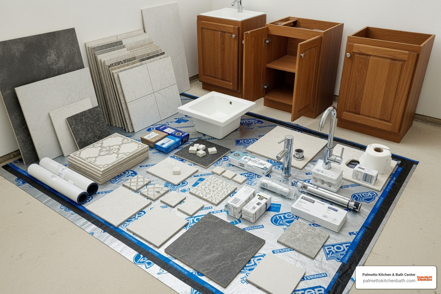 bathroom materials like tiles, a vanity, and fixtures laid out for installation - bath remodel financing