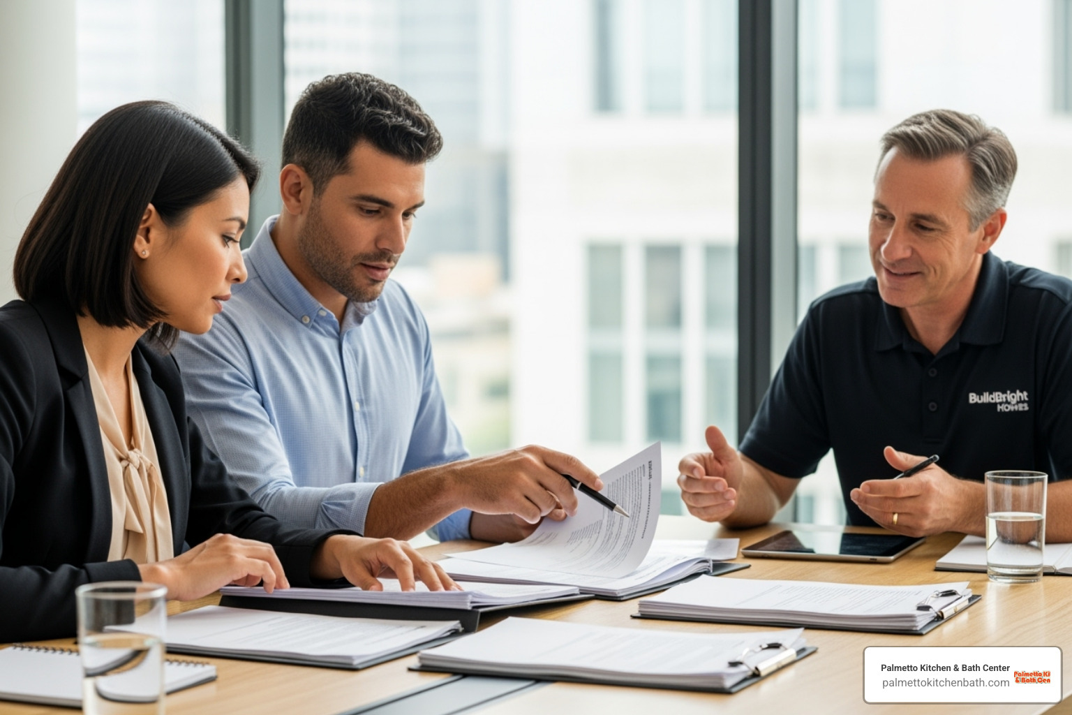 couple reviewing financing documents with a contractor - bath remodel financing