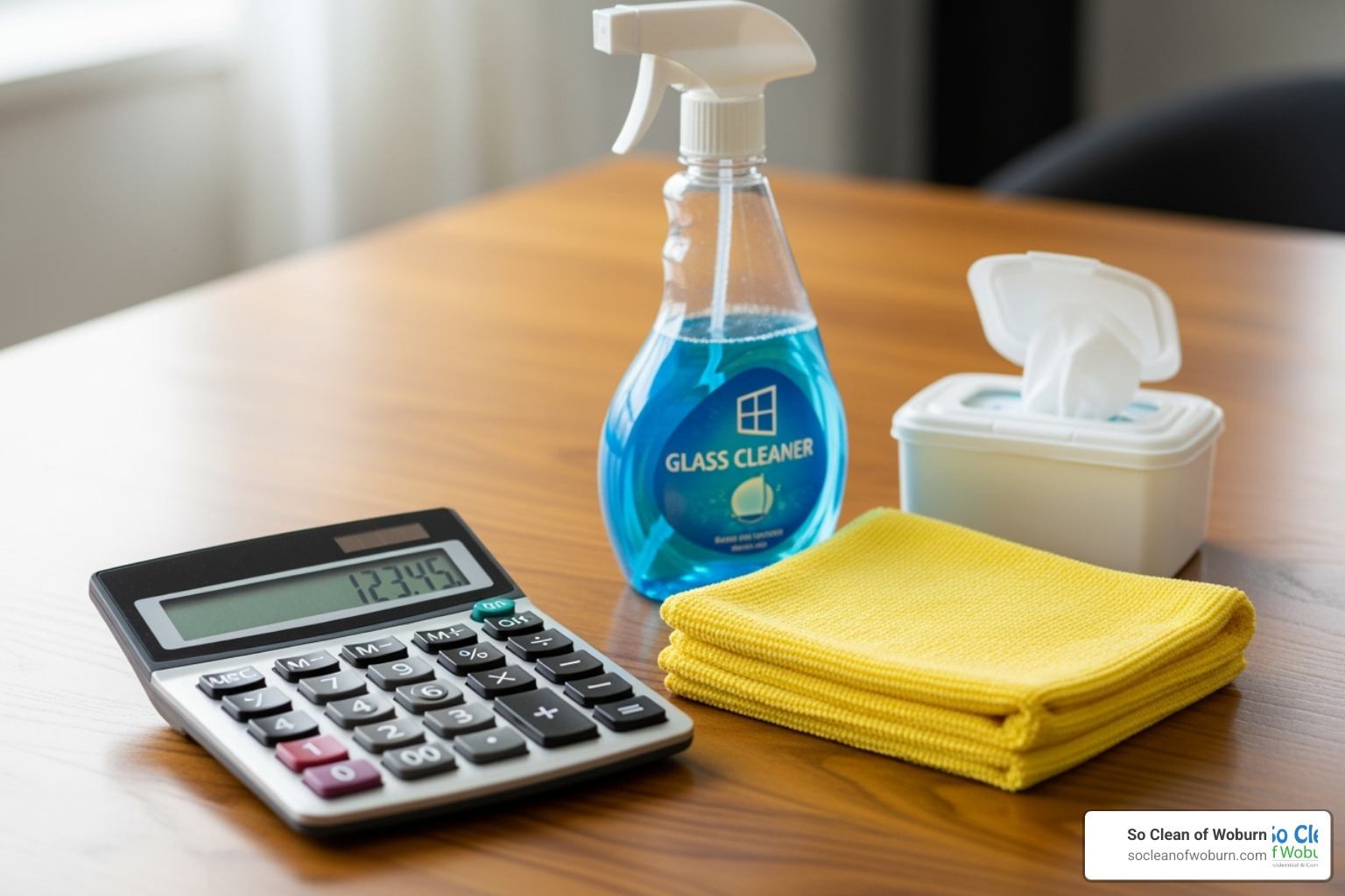 calculator and cleaning supplies on a table - move out cleaning prices