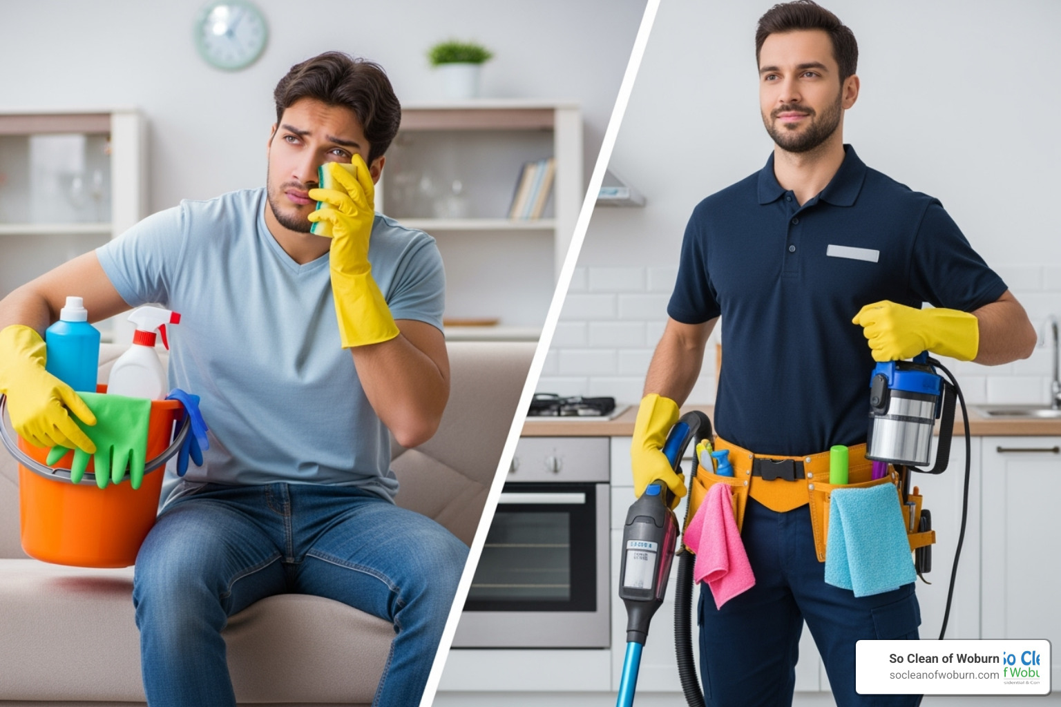 person with DIY supplies vs professional cleaner in uniform - move out cleaning prices