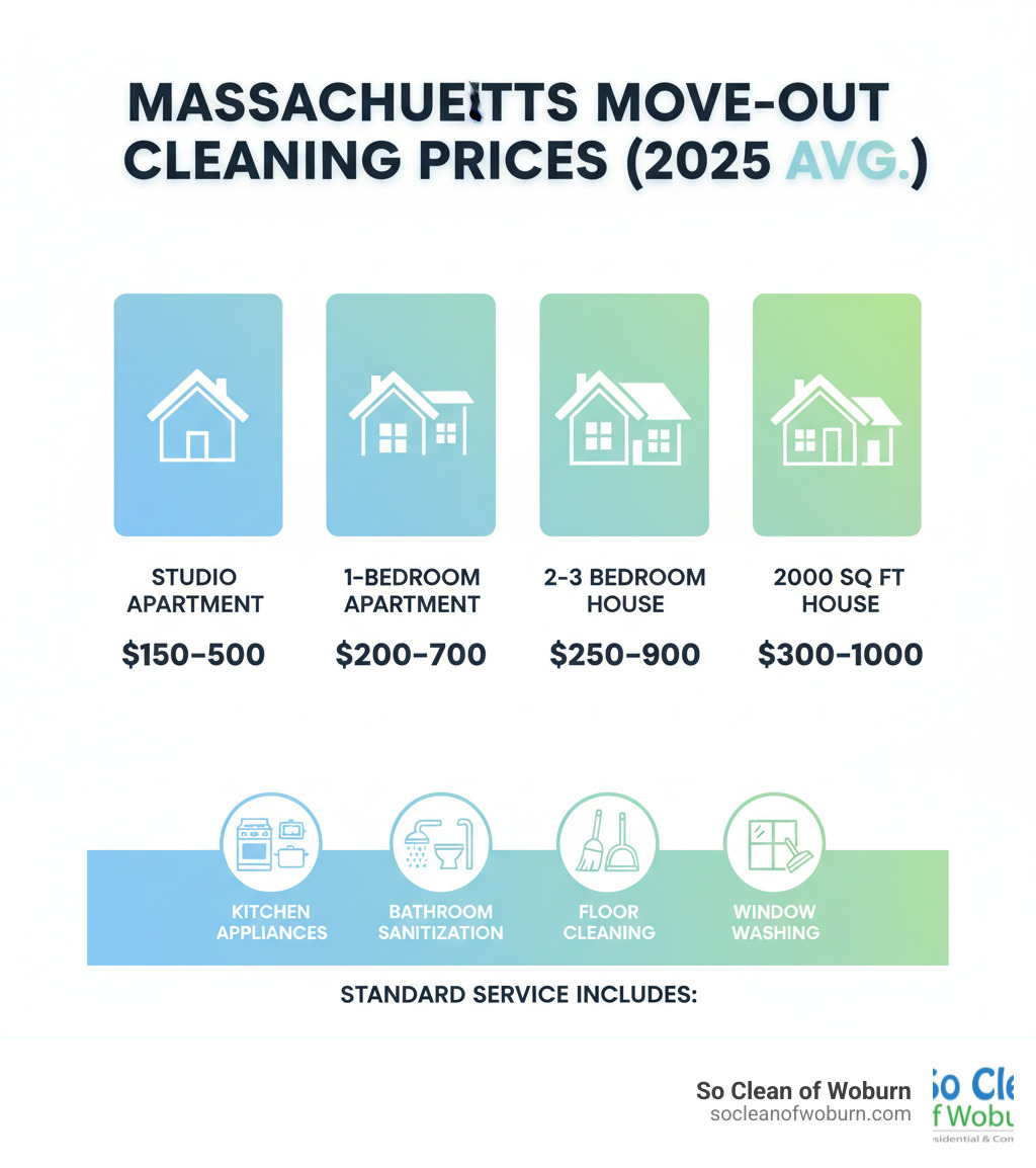 infographic showing breakdown of average move out cleaning prices by property type in Massachusetts, including studio apartments at $150-$500, 1-bedroom apartments at $200-$700, 2-3 bedroom houses at $250-$900, and 2000 sq ft houses at $300-$1000, with icons showing what's included in standard service like kitchen appliances, bathroom sanitization, floor cleaning, and window washing - move out cleaning prices infographic 