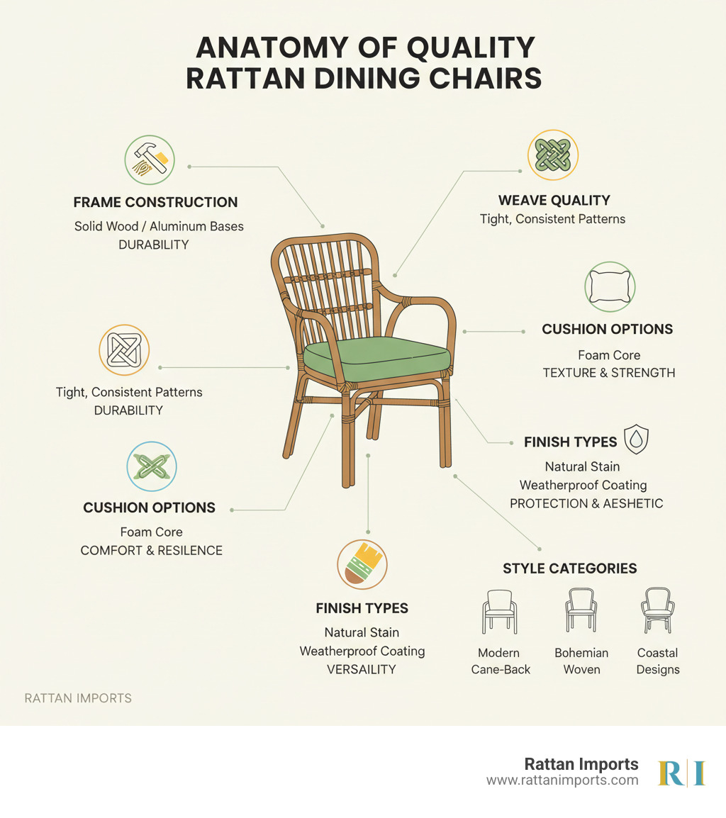 detailed infographic showing the anatomy of quality rattan dining chairs with labeled sections: frame construction highlighting solid wood or aluminum bases for durability, weave quality showing tight consistent patterns, cushion options from foam to quick-dry outdoor fabric, finish types including natural stain and weatherproof coating, and style categories with examples of modern cane-back, traditional armchair, bohemian woven, and coastal designs - rattan chairs dining room infographic detailed infographic showing the anatomy of quality rattan dining chairs with labeled sections: frame construction highlighting solid wood or aluminum bases for durability, weave quality showing tight consistent patterns, cushion options from foam to quick-dry outdoor fabric, finish types including natural stain and weatherproof coating, and style categories with examples of modern cane-back, traditional armchair, bohemian woven, and coastal designs - rattan chairs dining room infographic