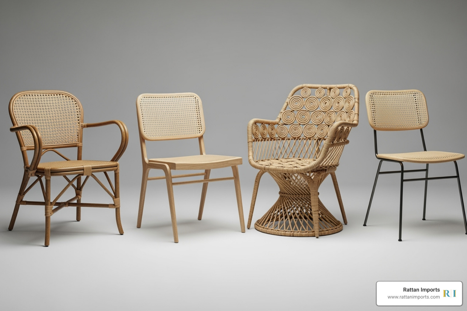 four different styles of rattan chairs side-by-side: a classic armchair, a modern cane-back chair, a bohemian-style woven chair, and a sleek chair with metal legs - rattan chairs dining room four different styles of rattan chairs side-by-side: a classic armchair, a modern cane-back chair, a bohemian-style woven chair, and a sleek chair with metal legs - rattan chairs dining room