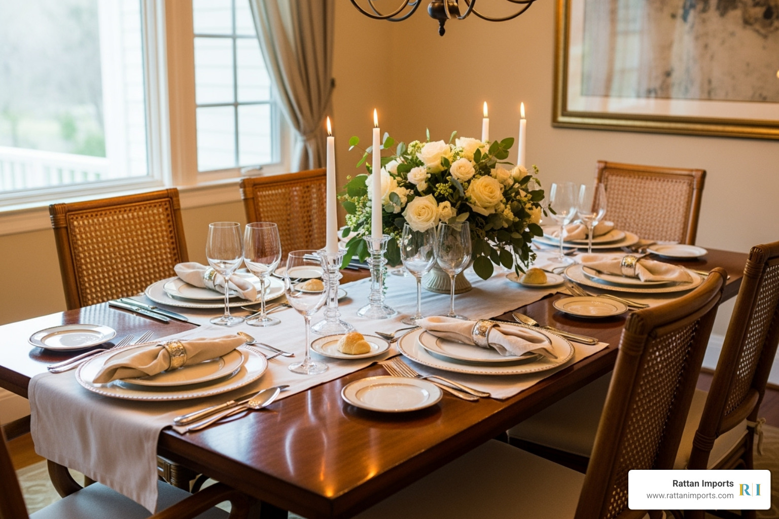a beautifully set dining table with rattan chairs, showing how they pair with tableware and a centerpiece - rattan chairs dining room a beautifully set dining table with rattan chairs, showing how they pair with tableware and a centerpiece - rattan chairs dining room