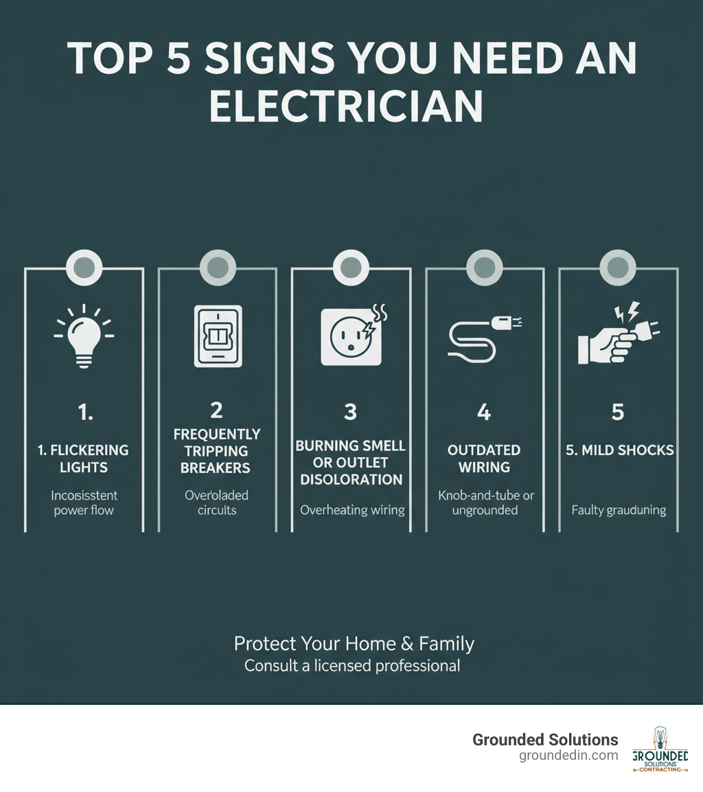 Infographic explaining the top 5 signs you need an electrician - residential electrician infographic Infographic explaining the top 5 signs you need an electrician - residential electrician infographic