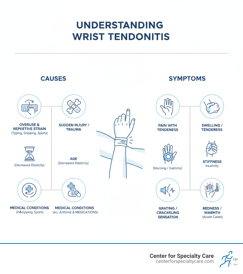 infographic explaining causes and symptoms of wrist tendonitis - ice or heat for tendonitis in wrist infographic 