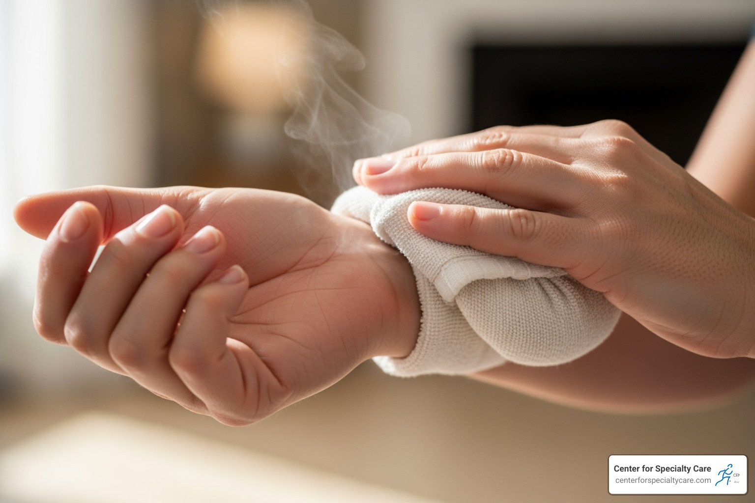 person using warm compress on wrist - ice or heat for tendonitis in wrist