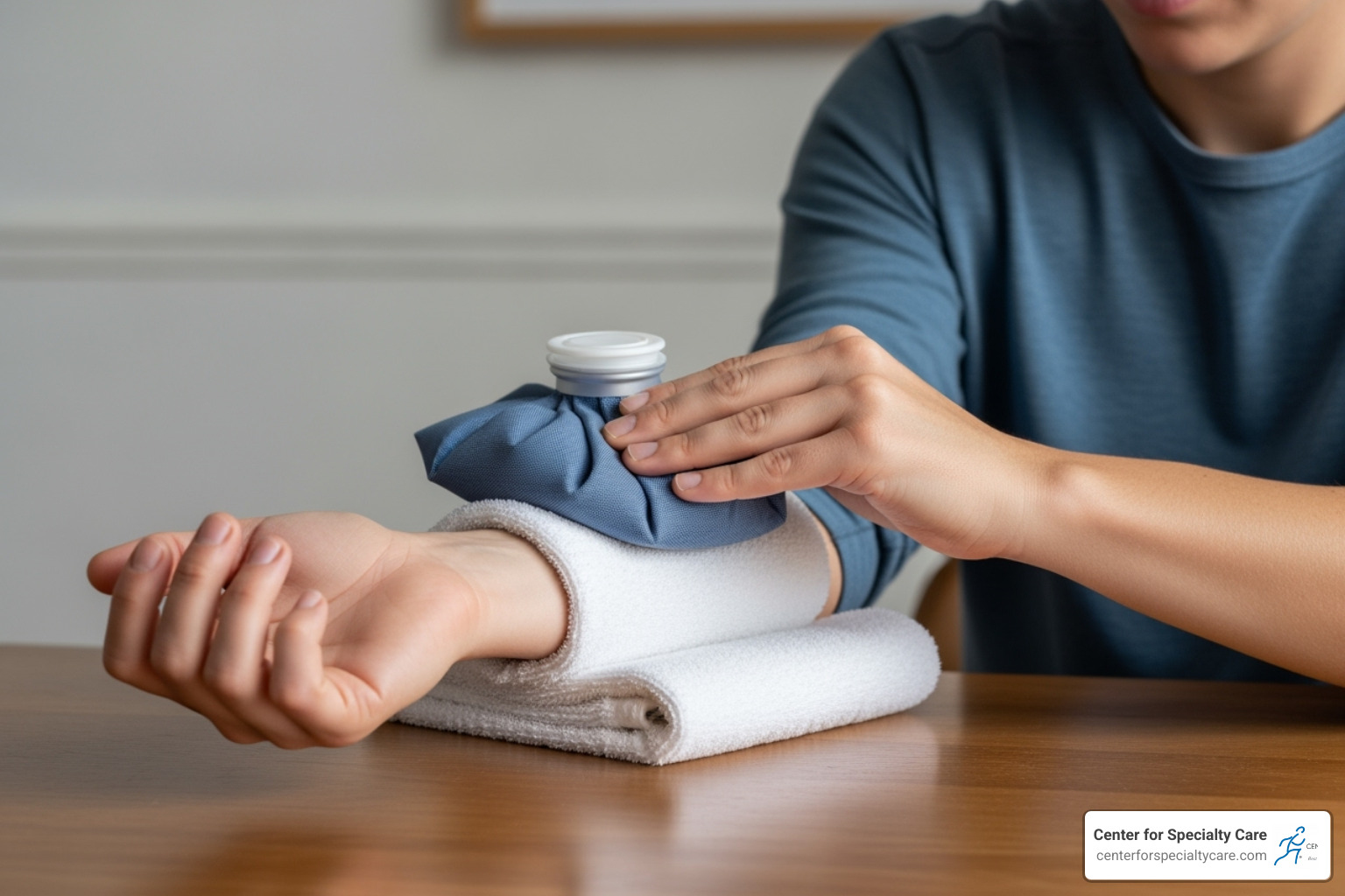 person correctly applying ice pack to wrist with a towel barrier - ice or heat for tendonitis in wrist