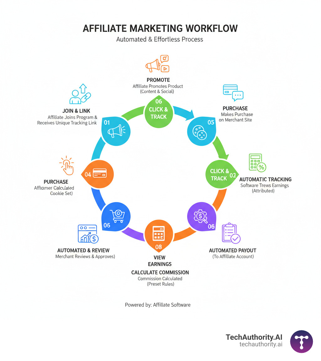 Infographic showing the complete affiliate marketing workflow: 1. Affiliate joins program and receives unique tracking link, 2. Affiliate promotes product through content and social media, 3. Customer clicks affiliate link and tracking cookie is set, 4. Customer makes purchase on merchant site, 5. Software automatically tracks sale and attributes it to affiliate, 6. Commission is calculated based on preset rules, 7. Affiliate views earnings in their dashboard, 8. Merchant reviews and approves commission, 9. Automated payout is processed to affiliate account - affiliate marketing software infographic Infographic showing the complete affiliate marketing workflow: 1. Affiliate joins program and receives unique tracking link, 2. Affiliate promotes product through content and social media, 3. Customer clicks affiliate link and tracking cookie is set, 4. Customer makes purchase on merchant site, 5. Software automatically tracks sale and attributes it to affiliate, 6. Commission is calculated based on preset rules, 7. Affiliate views earnings in their dashboard, 8. Merchant reviews and approves commission, 9. Automated payout is processed to affiliate account - affiliate marketing software infographic