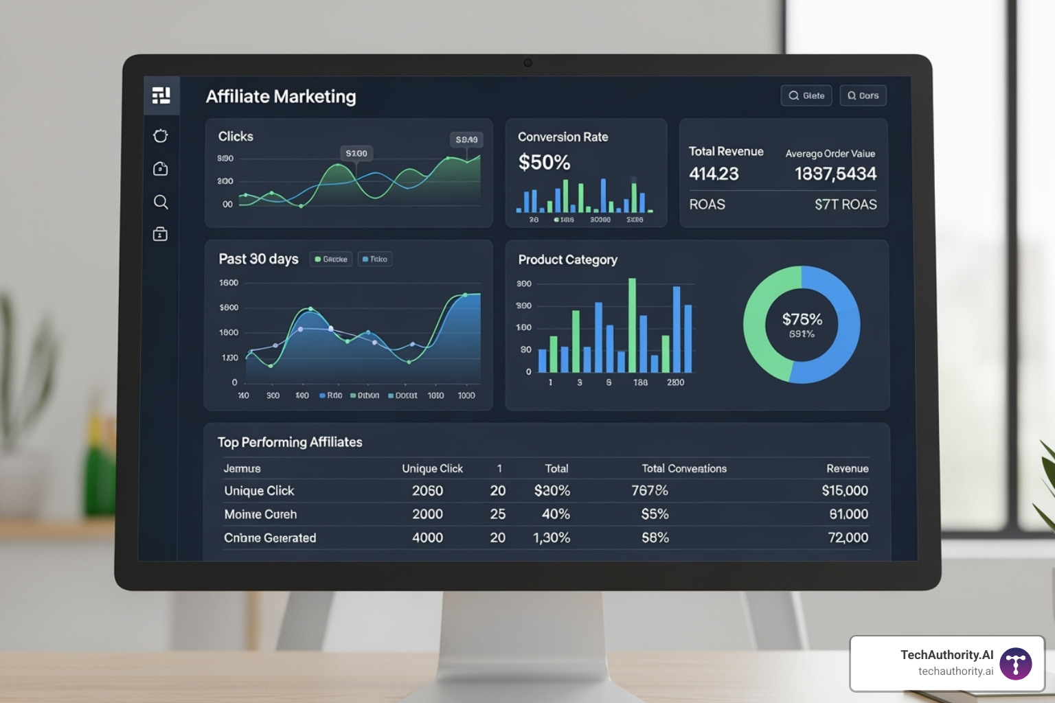 A clean and insightful analytics dashboard showing affiliate performance metrics like clicks, conversions, revenue, and top affiliates - affiliate marketing software A clean and insightful analytics dashboard showing affiliate performance metrics like clicks, conversions, revenue, and top affiliates - affiliate marketing software