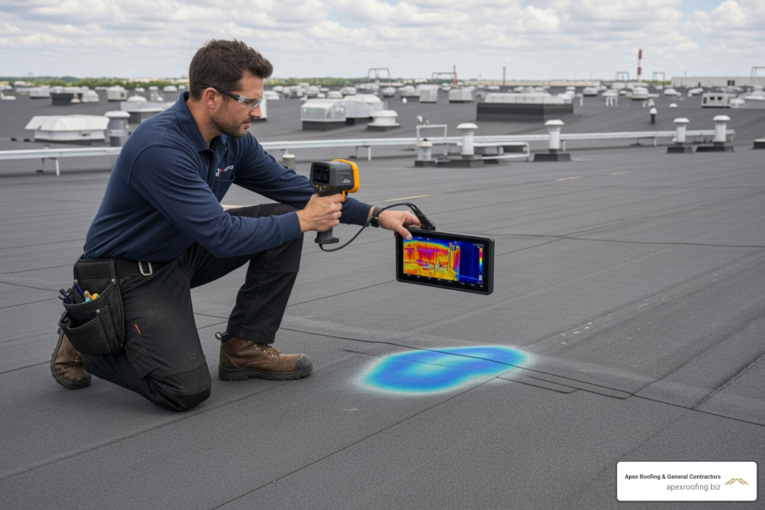 Roofing professional using a thermal imaging camera to inspect a large industrial roof for moisture intrusion - industrial roofing contractors
