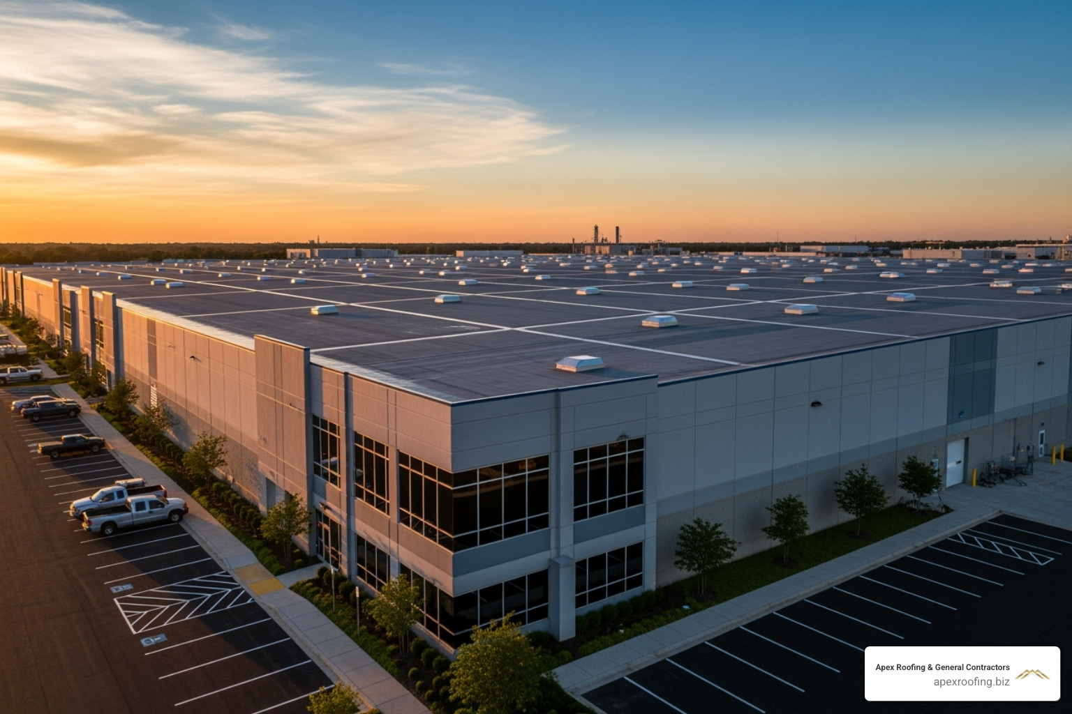 Completed, high-quality industrial roofing project at sunset - industrial roofing contractors
