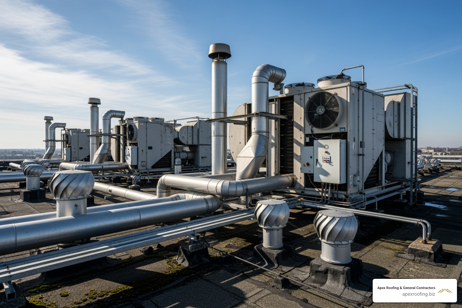 Industrial roof featuring large HVAC units, complex piping, and exhaust vents - industrial roofing contractors