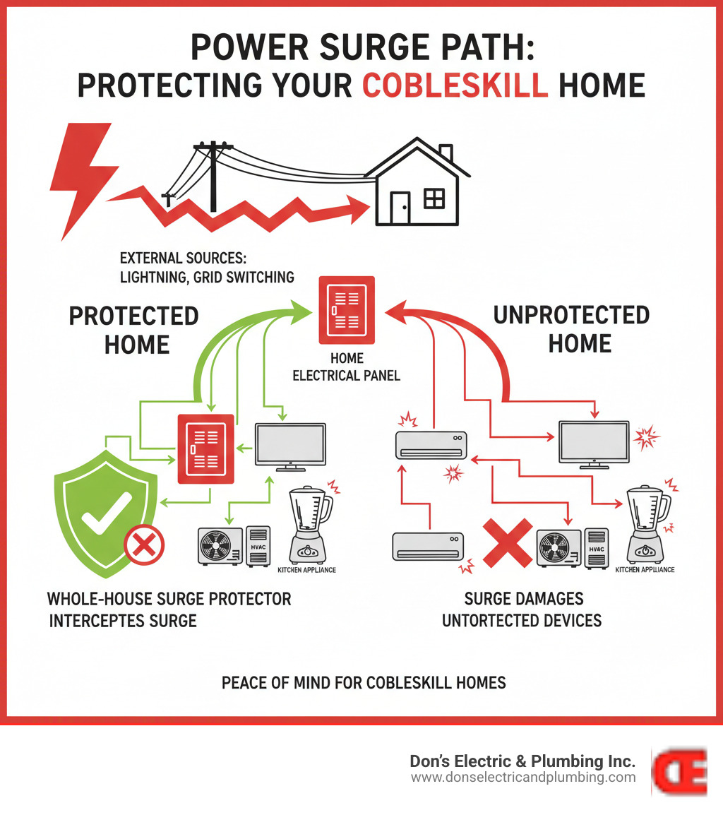 Infographic showing the path of a power surge from external sources like lightning strikes or utility grid switching through power lines, entering a home's electrical panel, and reaching various household appliances and electronics. The diagram illustrates both protected and unprotected scenarios, with arrows showing how a whole-house surge protector at the panel intercepts the surge, while unprotected homes allow the surge to damage devices like computers, TVs, HVAC systems, and kitchen appliances. - residential surge protection cobleskill infographic Infographic showing the path of a power surge from external sources like lightning strikes or utility grid switching through power lines, entering a home's electrical panel, and reaching various household appliances and electronics. The diagram illustrates both protected and unprotected scenarios, with arrows showing how a whole-house surge protector at the panel intercepts the surge, while unprotected homes allow the surge to damage devices like computers, TVs, HVAC systems, and kitchen appliances. - residential surge protection cobleskill infographic