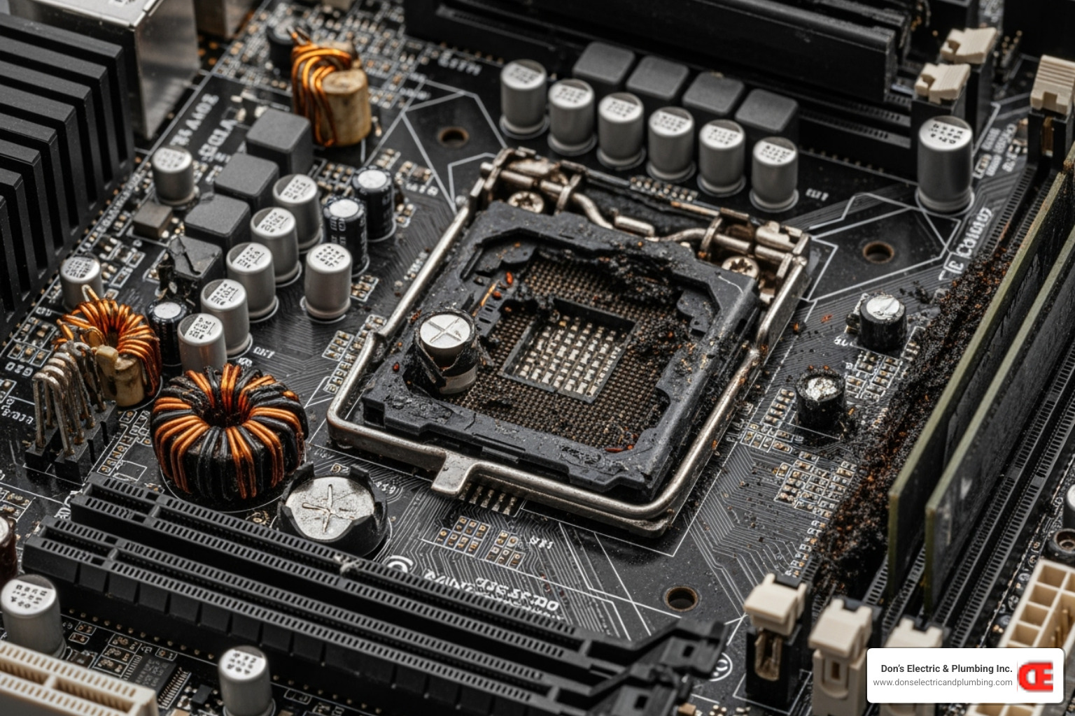 Damaged electronics, like a fried computer motherboard or a malfunctioning smart fridge display - residential surge protection cobleskill Damaged electronics, like a fried computer motherboard or a malfunctioning smart fridge display - residential surge protection cobleskill