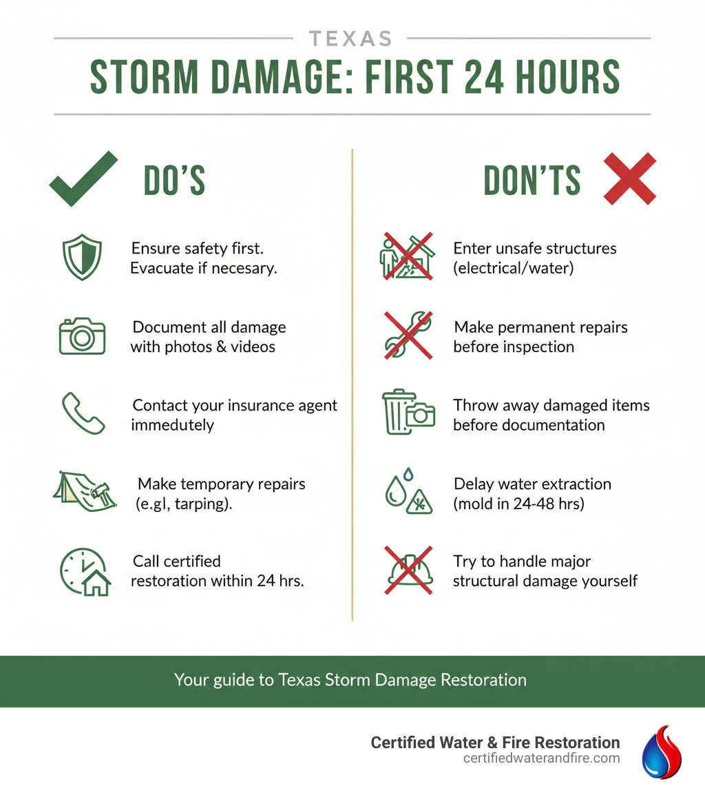 Infographic showing 5 immediate do's and don'ts after storm damage: Do ensure safety first and evacuate if necessary, Do document all damage with photos and videos, Do contact your insurance agent immediately, Do make temporary repairs like tarping to prevent further damage, Do call a certified restoration company within 24 hours. Don't enter unsafe structures with electrical hazards or standing water, Don't make permanent repairs before insurance inspection, Don't throw away damaged items before documentation, Don't delay water extraction as mold starts growing in 24-48 hours, Don't try to handle major structural damage yourself. - Texas Storm Damage Restoration infographic 