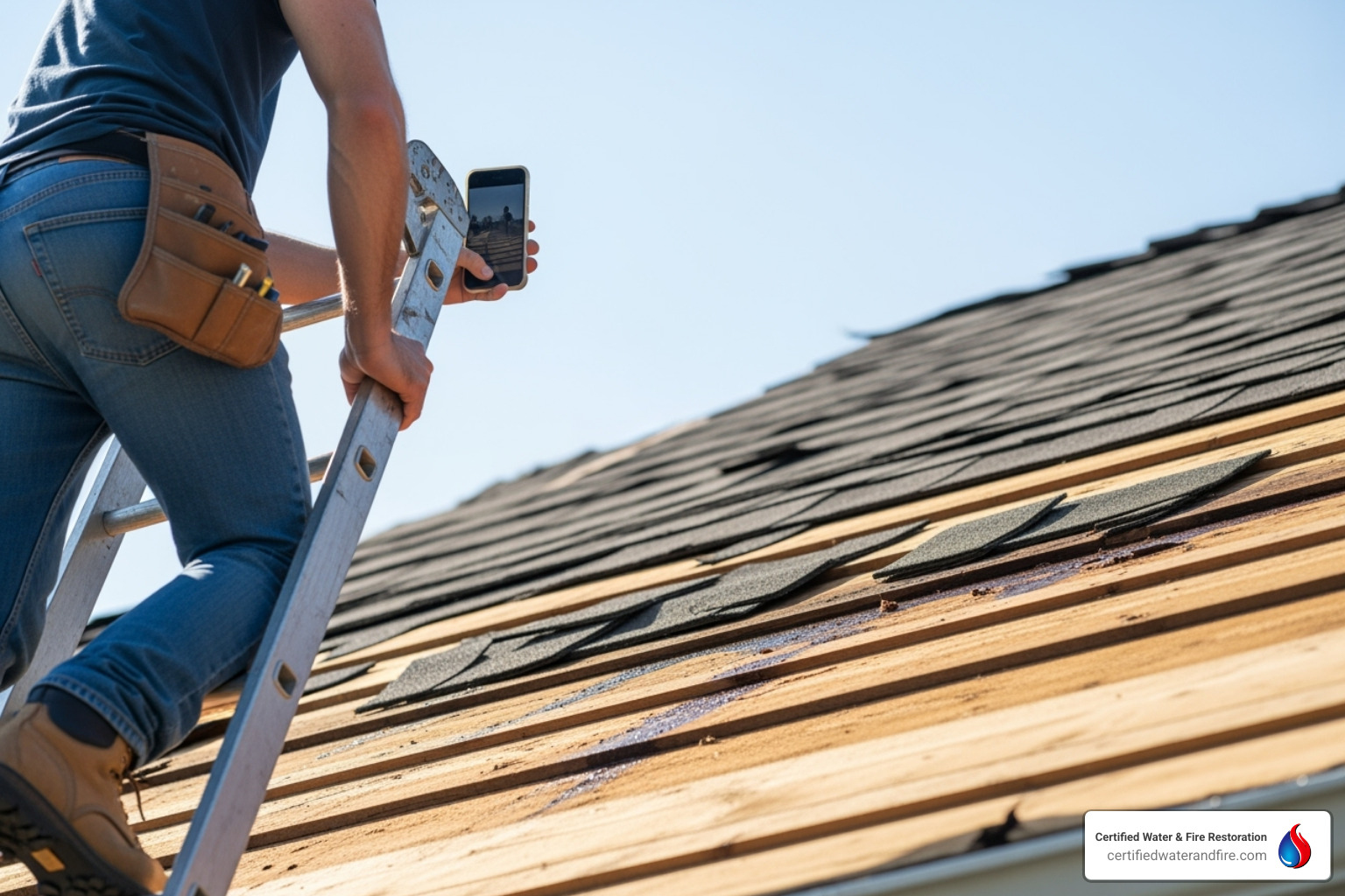 person taking photo of damaged roof with phone - Texas Storm Damage Restoration