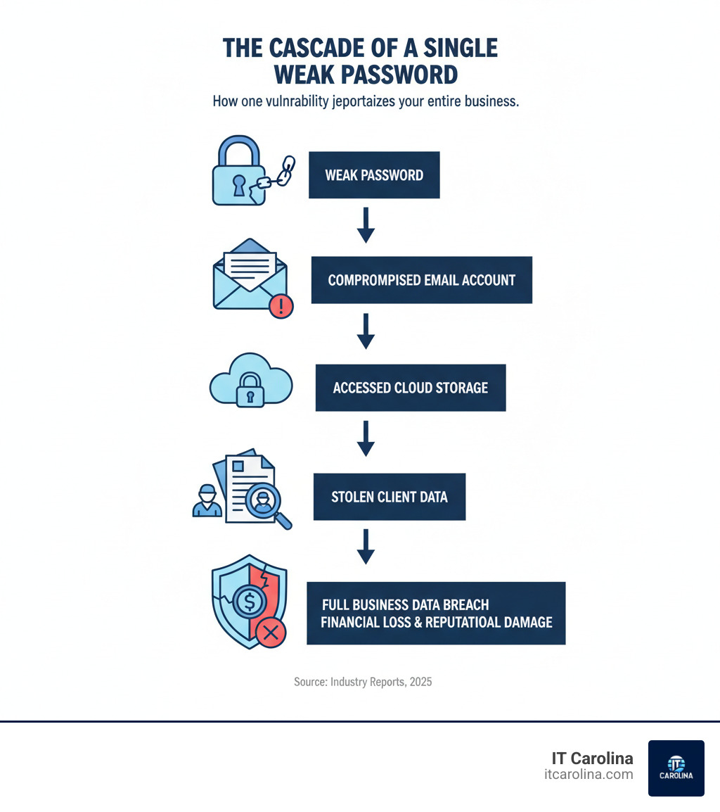 infographic showing how one weak password leads to compromised email, which leads to accessed cloud storage, which leads to stolen client data, which leads to full business data breach with financial loss and reputational damage - Why Your Business Needs a Password Manager... Yesterday If your team is still using sticky notes or simple passwords, your data is at risk. infographic infographic showing how one weak password leads to compromised email, which leads to accessed cloud storage, which leads to stolen client data, which leads to full business data breach with financial loss and reputational damage - Why Your Business Needs a Password Manager... Yesterday If your team is still using sticky notes or simple passwords, your data is at risk. infographic