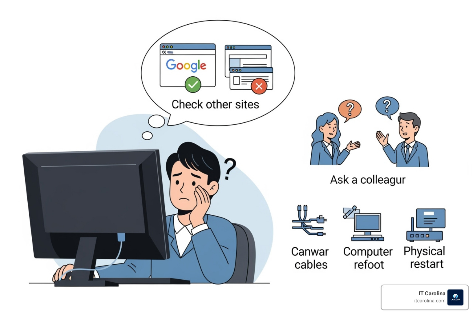 browser showing Google loaded successfully next to a tab with an error message - Before calling IT, first check if other websites like Google are working to see if the problem is a specific site or your internet connection. Ask a colleague if they have the same issue to determine if it's just your computer or a wider network problem. Finally, check your physical cables, restart your computer, and if the issue affects everyone, restart the main office router.