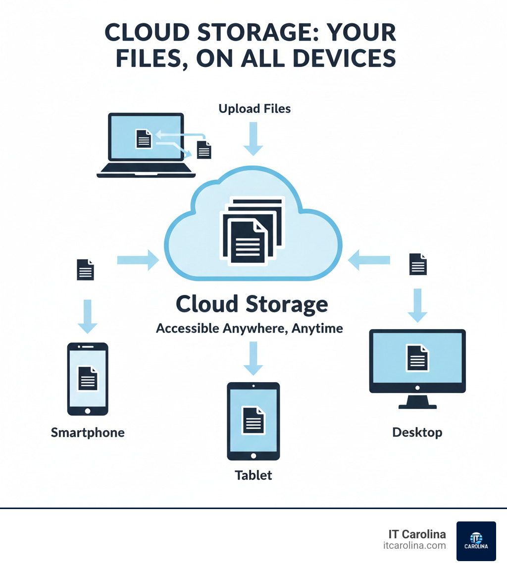 infographic showing a laptop with files being uploaded to a cloud icon in the center, with arrows pointing to a smartphone, tablet, and desktop computer all displaying the same files, illustrating how cloud storage makes files accessible across multiple devices - Cloud Storage for Beginners: A Simple Guide for Small Businesses Google Drive, Dropbox, OneDrive... feeling overwhelmed? infographic infographic showing a laptop with files being uploaded to a cloud icon in the center, with arrows pointing to a smartphone, tablet, and desktop computer all displaying the same files, illustrating how cloud storage makes files accessible across multiple devices - Cloud Storage for Beginners: A Simple Guide for Small Businesses Google Drive, Dropbox, OneDrive... feeling overwhelmed? infographic