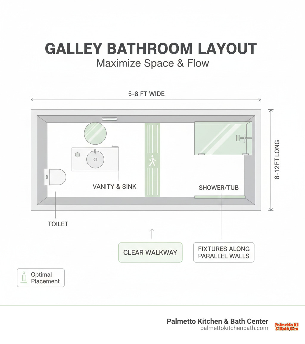 Infographic showing galley bathroom layout with fixtures along parallel walls, typical dimensions of 5-8 feet wide by 8-12 feet long, and optimal placement of toilet at one end, vanity along one wall, and shower or tub at opposite end to maintain clear walkway down the center - galley bathroom remodel ideas infographic 