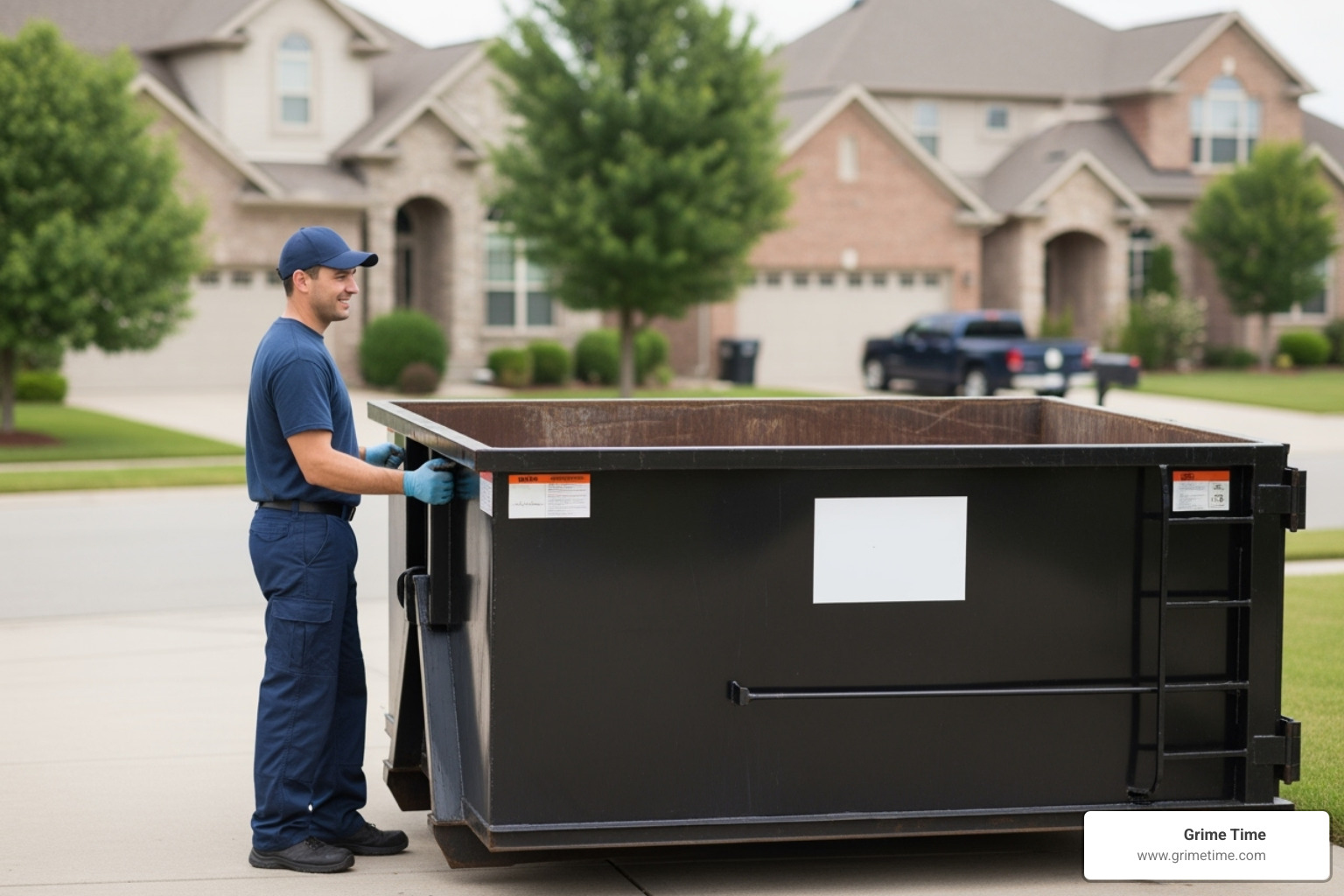 A friendly Grime Time driver delivering a clean dumpster to a residential driveway. - pflugerville residential dumpster rentals