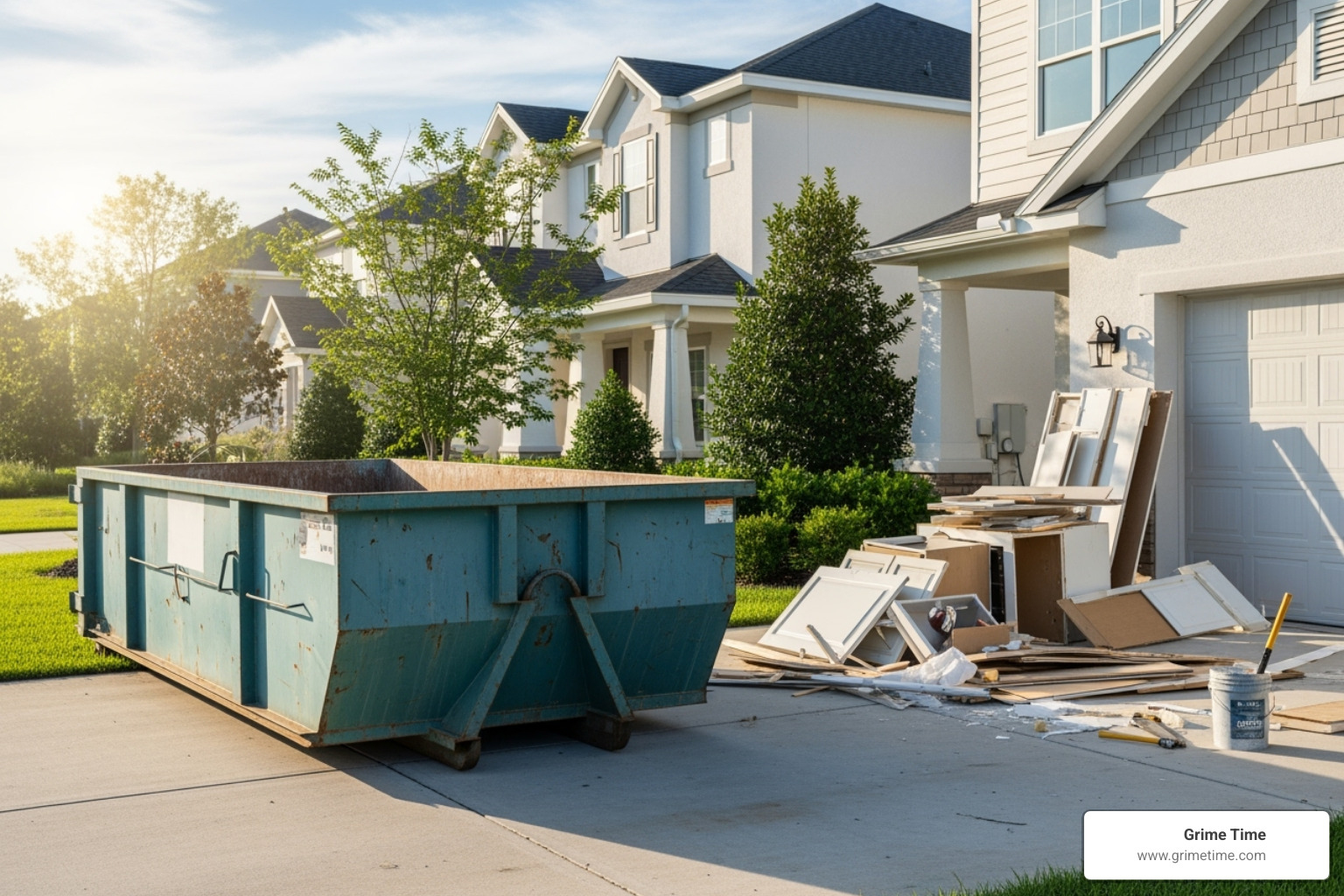 A dumpster neatly placed on a driveway during a kitchen remodel. - pflugerville residential dumpster rentals