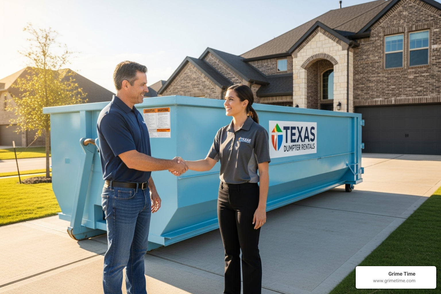 A smiling Grime Time customer shaking hands with a representative next to a clean dumpster, signifying a successful project. - pflugerville residential dumpster rentals