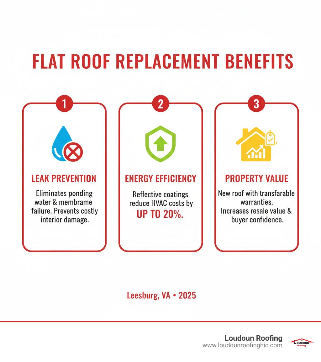 Infographic showing three key benefits of flat roof replacement: 1) Leak Prevention - eliminating ponding water and membrane failure prevents costly interior damage, 2) Energy Efficiency - reflective cool roof coatings reduce HVAC costs by up to 20%, 3) Property Value - a new flat roof with transferable warranties increases resale value and buyer confidence - flat roof replacement leesburg infographic 