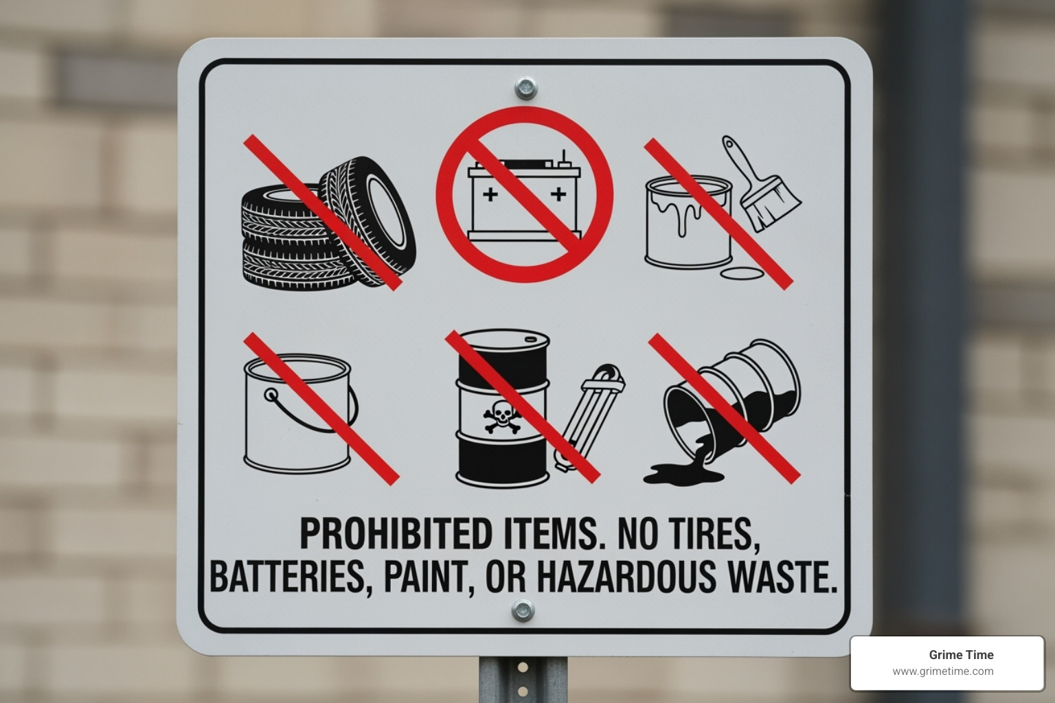 A clear sign showing common prohibited items in a dumpster, such as tires, batteries, and hazardous waste. - pflugerville residential dumpster rentals