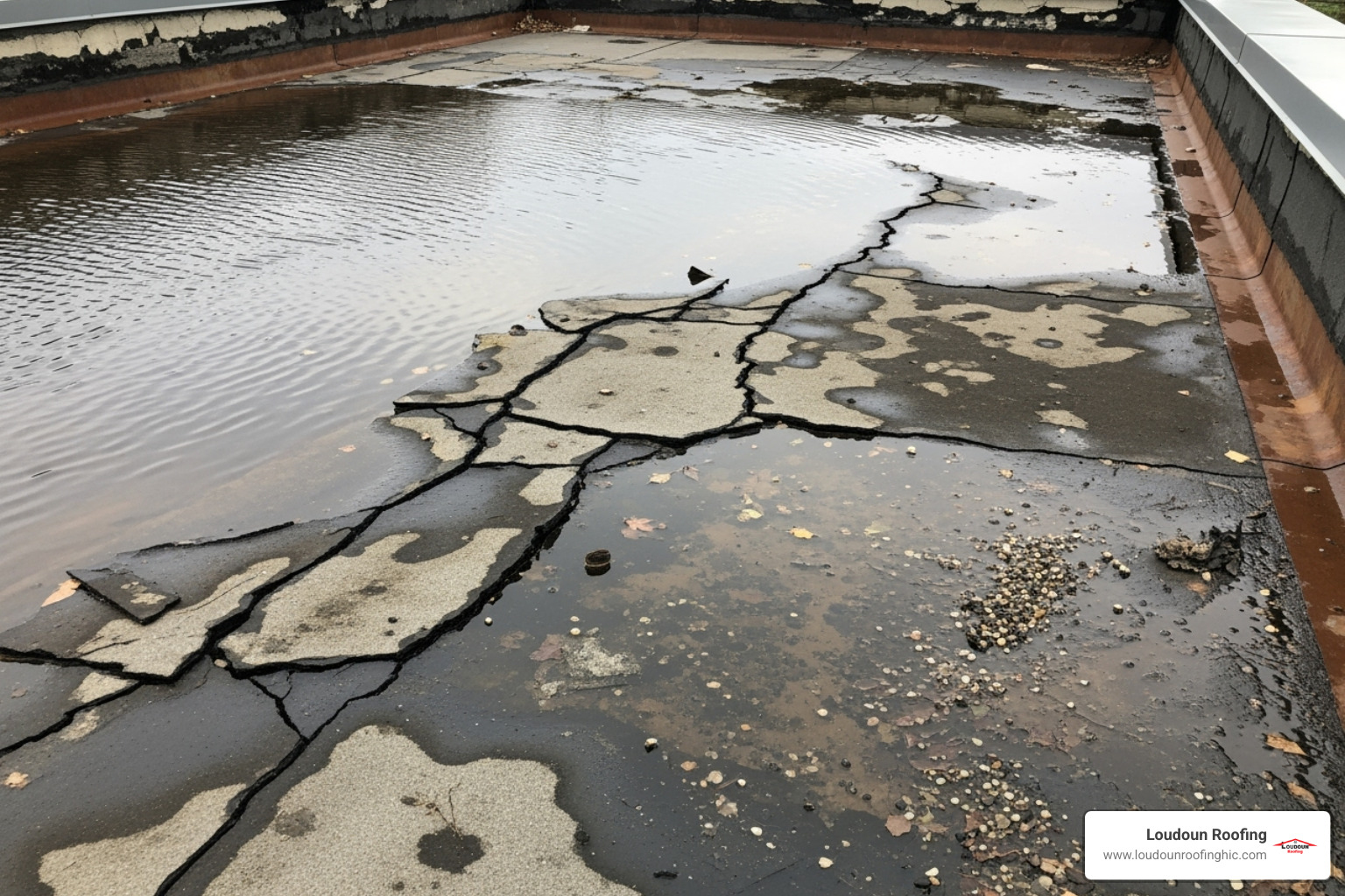 A damaged flat roof showing significant ponding water and visible cracks, indicating severe deterioration and the urgent need for replacement. - flat roof replacement leesburg
