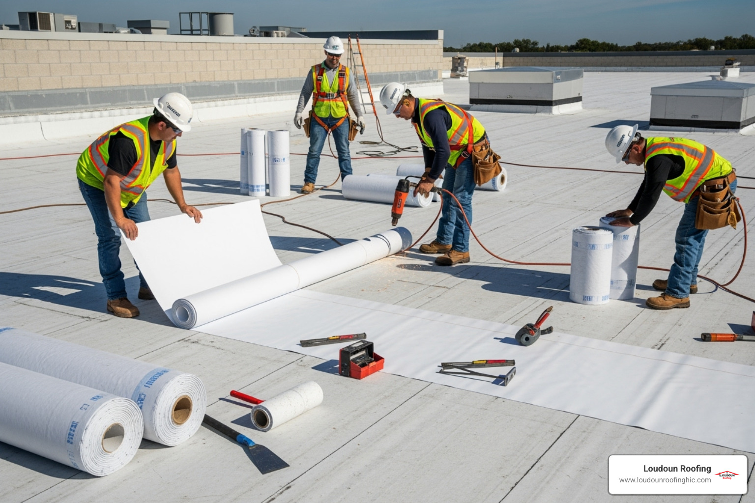 A professional roofing crew installing a new TPO membrane on a commercial roof, showcasing careful placement and heat welding of seams. - flat roof replacement leesburg