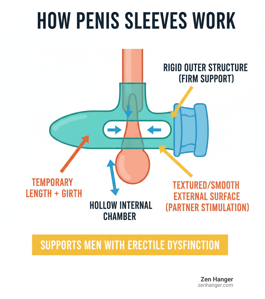 Infographic showing how penis sleeves work: A cross-section diagram illustrating a silicone sleeve worn over the penis, with labels pointing to the hollow internal chamber, the rigid outer structure that provides firmness for penetration, the textured or smooth external surface for partner stimulation, and arrows indicating how the sleeve adds temporary length and girth while supporting men with erectile dysfunction - penis sleeve reviews infographic Infographic showing how penis sleeves work: A cross-section diagram illustrating a silicone sleeve worn over the penis, with labels pointing to the hollow internal chamber, the rigid outer structure that provides firmness for penetration, the textured or smooth external surface for partner stimulation, and arrows indicating how the sleeve adds temporary length and girth while supporting men with erectile dysfunction - penis sleeve reviews infographic