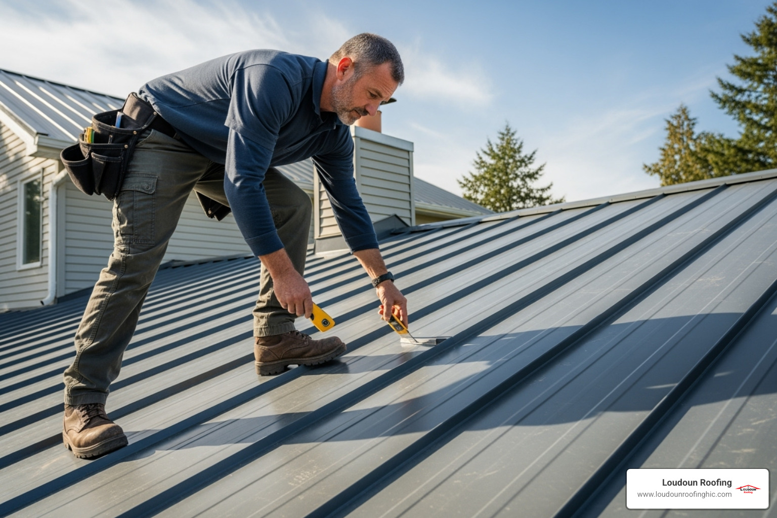 roofing contractor inspecting a roof - leesburg metal roof replacement