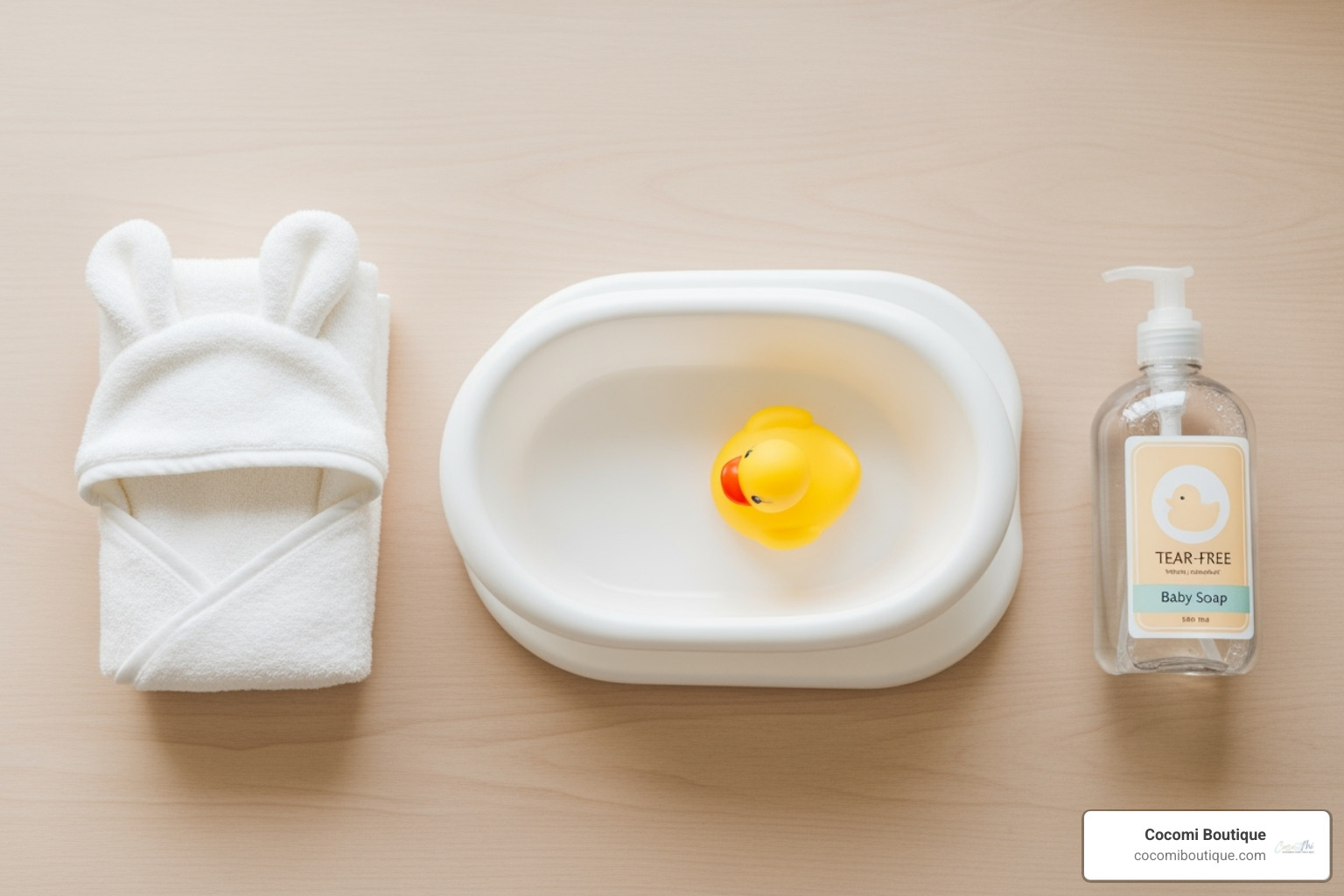 A neatly arranged set of baby bath items including a tub, hooded towel, gentle soap, and a rubber ducky - baby bath essentials A neatly arranged set of baby bath items including a tub, hooded towel, gentle soap, and a rubber ducky - baby bath essentials