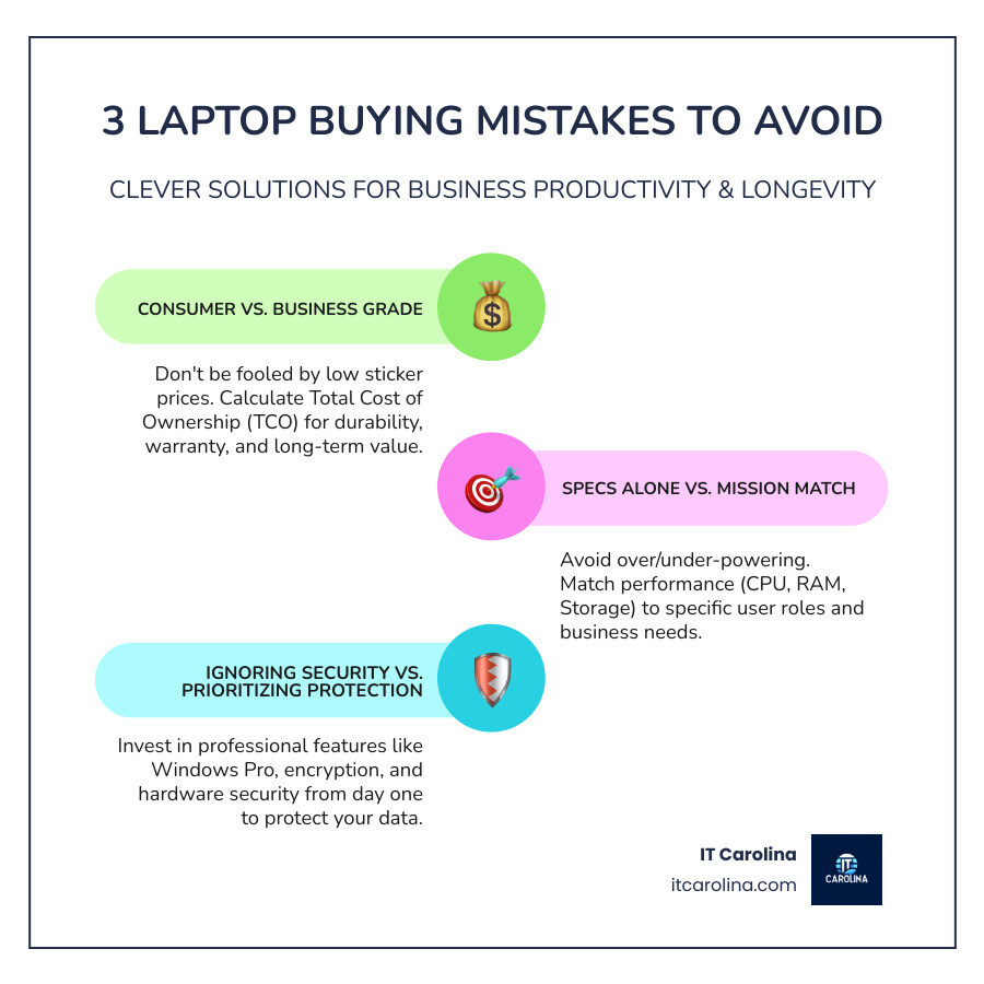 Infographic showing three columns: Common Mistake #1 (Buying cheapest consumer laptop) vs. Clever Solution #1 (Calculate total cost of ownership); Common Mistake #2 (Choosing specs randomly) vs. Clever Solution #2 (Match machine to specific business roles); Common Mistake #3 (Skipping security features) vs. Clever Solution #3 (Prioritize Windows Pro and hardware security) - Buying the Right Business Laptop: 3 Common Mistakes to Avoid infographic infographic-line-3-steps-colors Infographic showing three columns: Common Mistake #1 (Buying cheapest consumer laptop) vs. Clever Solution #1 (Calculate total cost of ownership); Common Mistake #2 (Choosing specs randomly) vs. Clever Solution #2 (Match machine to specific business roles); Common Mistake #3 (Skipping security features) vs. Clever Solution #3 (Prioritize Windows Pro and hardware security) - Buying the Right Business Laptop: 3 Common Mistakes to Avoid infographic infographic-line-3-steps-colors