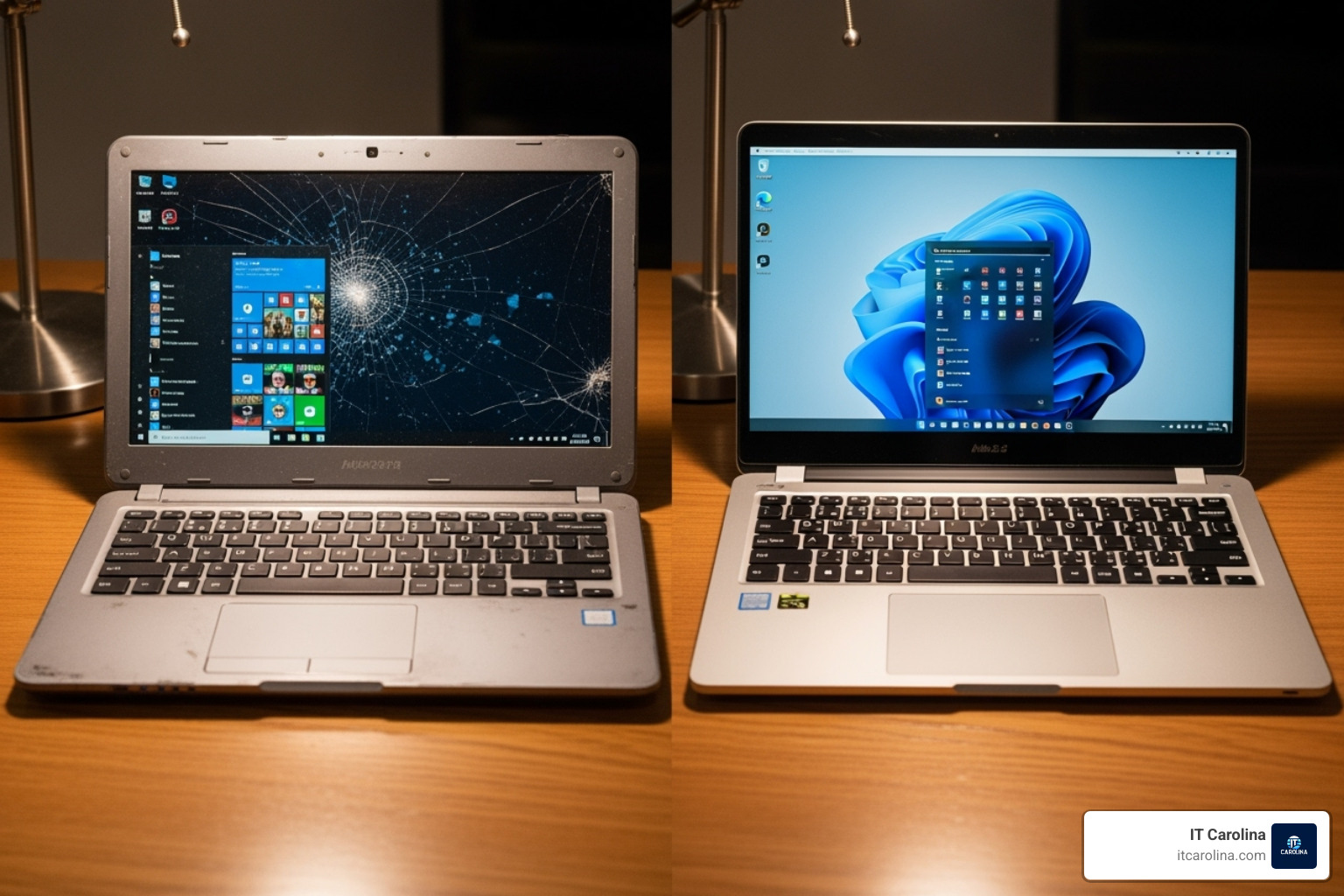 flimsy consumer laptop with a cracked screen next to a sturdy business laptop - Buying the Right Business Laptop: 3 Common Mistakes to Avoid flimsy consumer laptop with a cracked screen next to a sturdy business laptop - Buying the Right Business Laptop: 3 Common Mistakes to Avoid