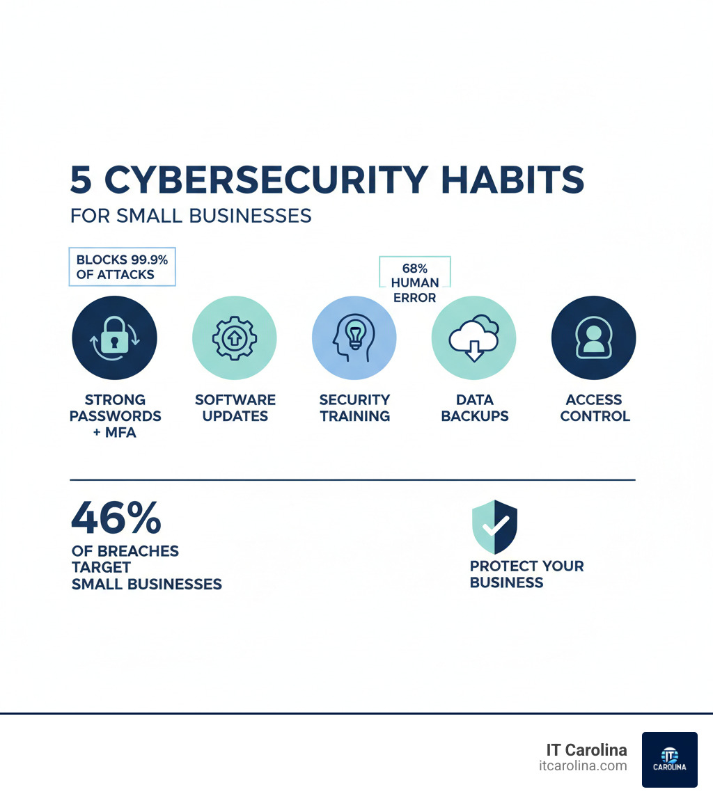 infographic explaining the 5 core cybersecurity habits with icons for passwords, updates, training, backups, and access control, displaying key statistics like 46% of breaches target small businesses, 68% involve human error, and MFA blocks 99.9% of attacks - 5 Cybersecurity Habits Every Small Business Must Adopt infographic infographic explaining the 5 core cybersecurity habits with icons for passwords, updates, training, backups, and access control, displaying key statistics like 46% of breaches target small businesses, 68% involve human error, and MFA blocks 99.9% of attacks - 5 Cybersecurity Habits Every Small Business Must Adopt infographic