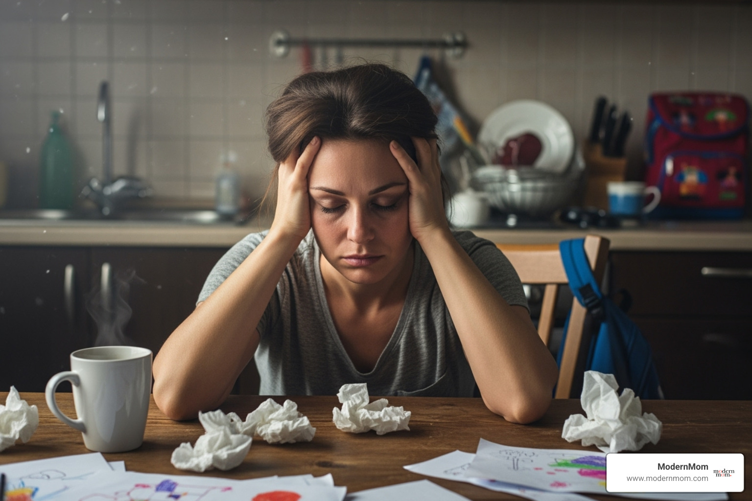 A tired mom resting her head in her hands at a kitchen table, looking overwhelmed - special needs mom stress