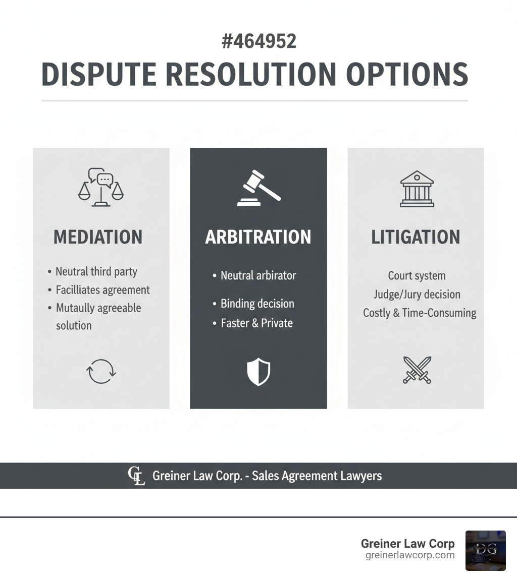 Infographic showing dispute resolution options: Mediation, Arbitration, Litigation - sales agreement lawyer infographic Infographic showing dispute resolution options: Mediation, Arbitration, Litigation - sales agreement lawyer infographic
