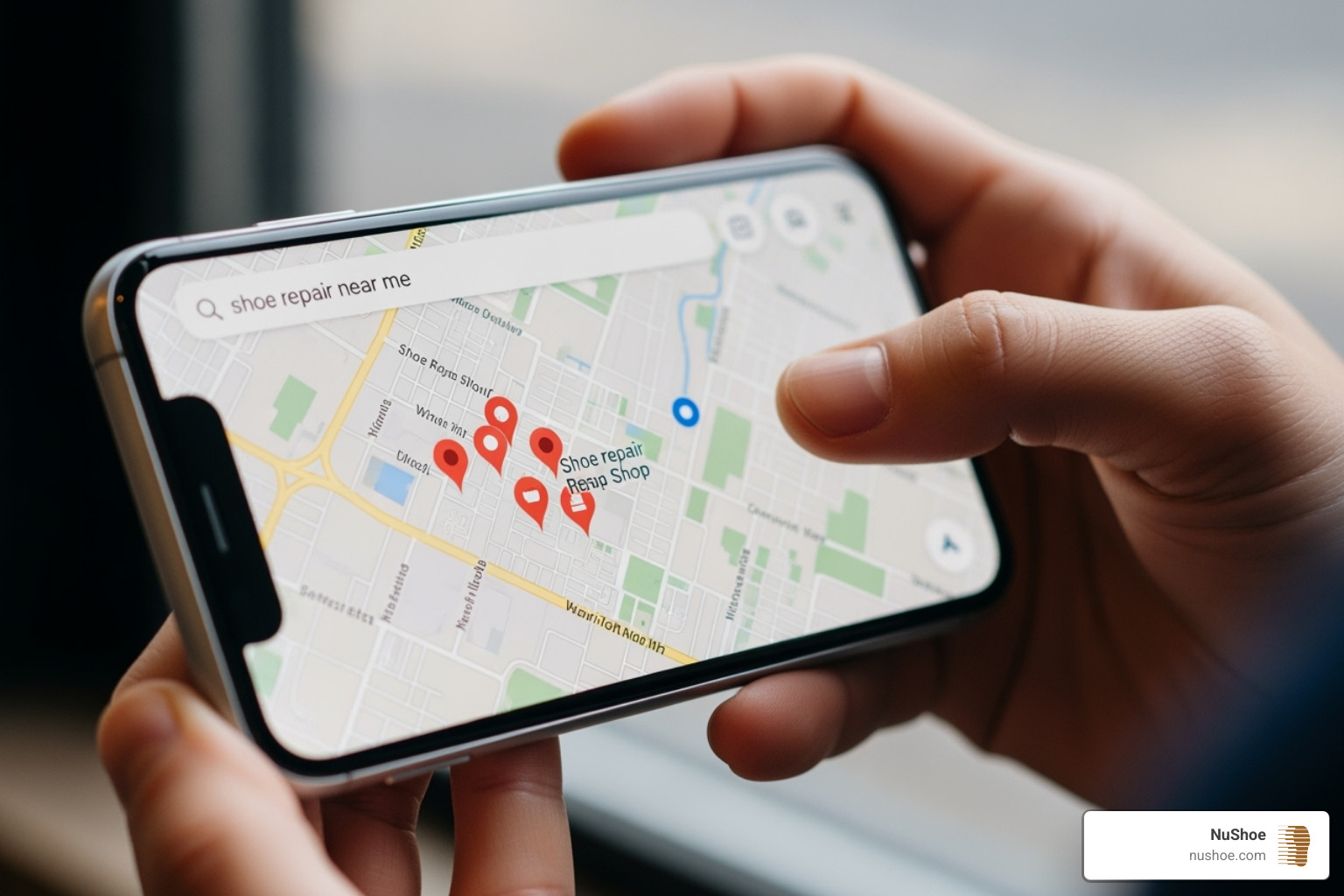 A person using their smartphone to search for shoe repair services nearby - shoe repairs close to me