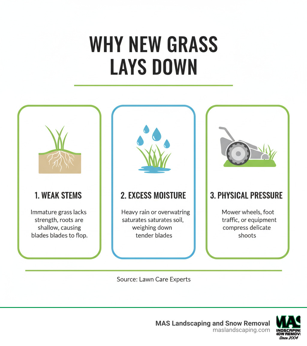 Infographic showing three main causes of new grass laying down: 1) Weak immature grass stems with thin roots still developing (illustrated with a cross-section of young grass), 2) Excess moisture from rain or overwatering causing waterlogged soil and heavy blades (illustrated with water droplets weighing down grass), and 3) Physical weight from mower wheels or foot traffic compressing tender shoots (illustrated with a mower wheel pressing grass flat). Each section includes a simple icon and brief explanation of how it affects new grass establishment. - new grass laying down infographic 