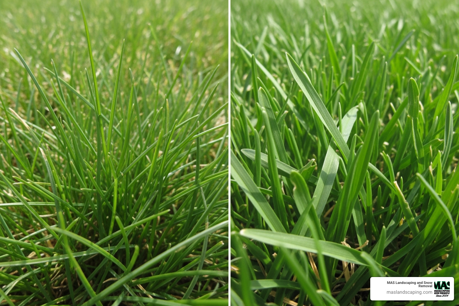 Image comparing the fine blades of fescue to the thicker blades of another grass type - new grass laying down