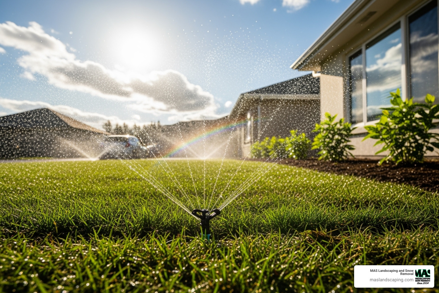 Image of a sprinkler watering a new lawn correctly - new grass laying down