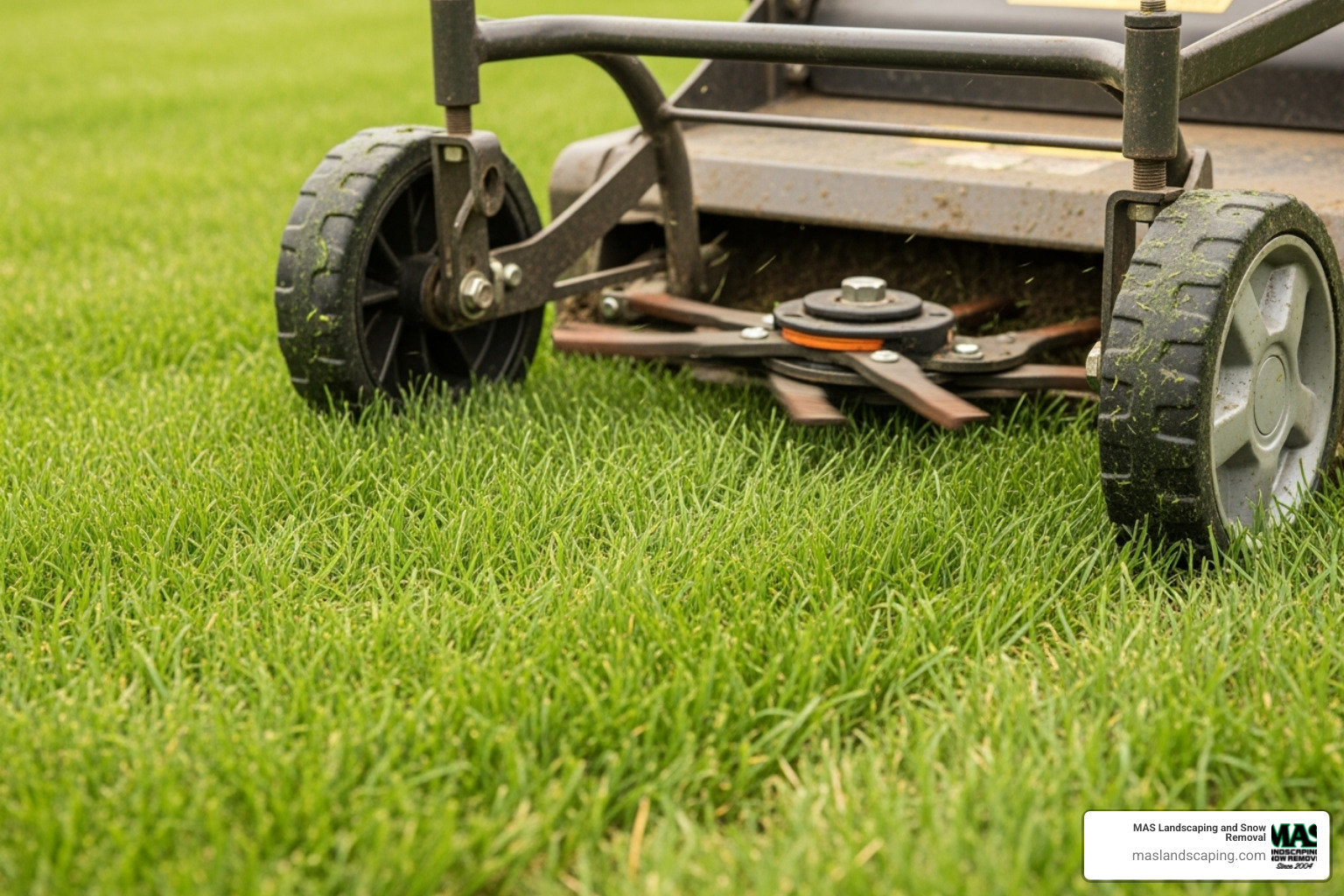 Image of a rotary mower with a high wheel setting on a new lawn - new grass laying down