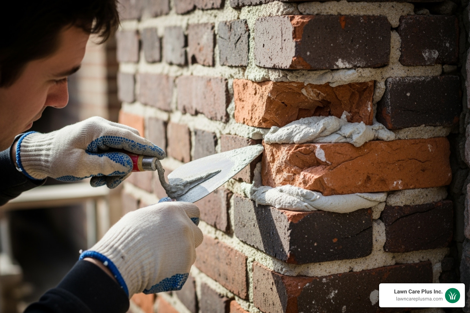 A skilled mason carefully tuckpointing a brick wall, showcasing the precision involved in masonry repair. - brick masonry near me